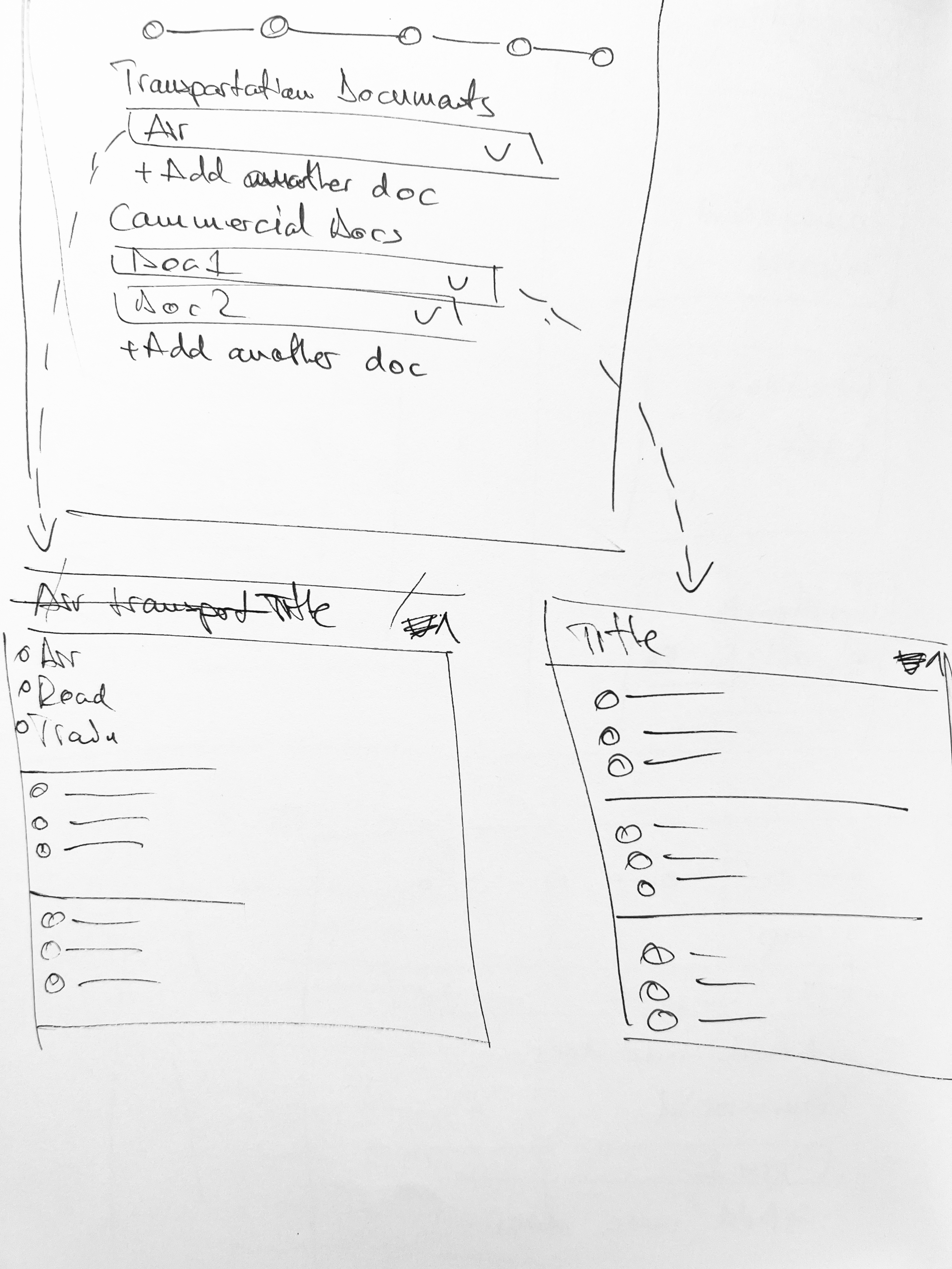 Sketches — expected document cards, list navigation pattern and expanded transportation or commercial entry