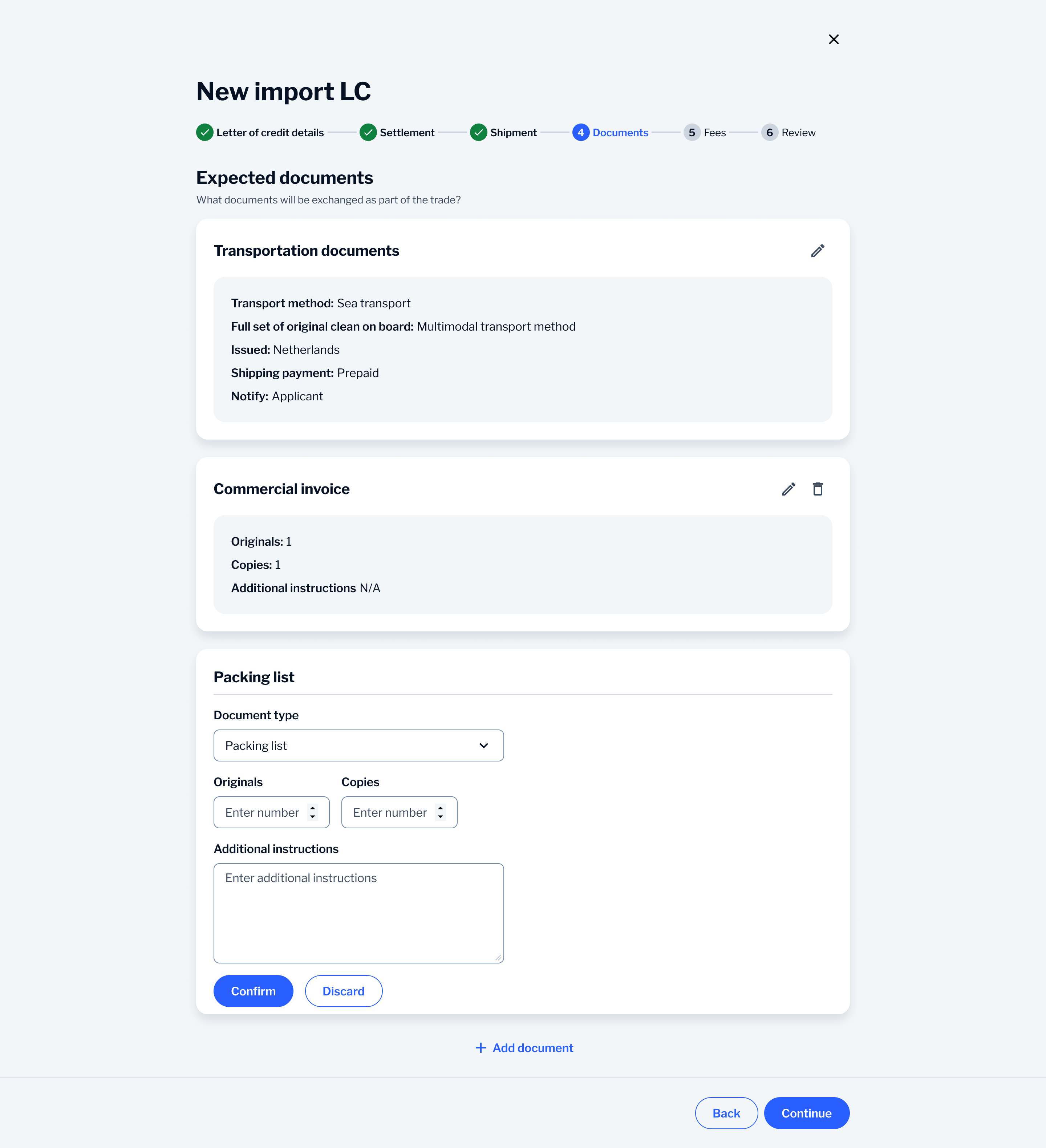 Expected documents with transportation and commercial invoice summaries, packing list form in progress