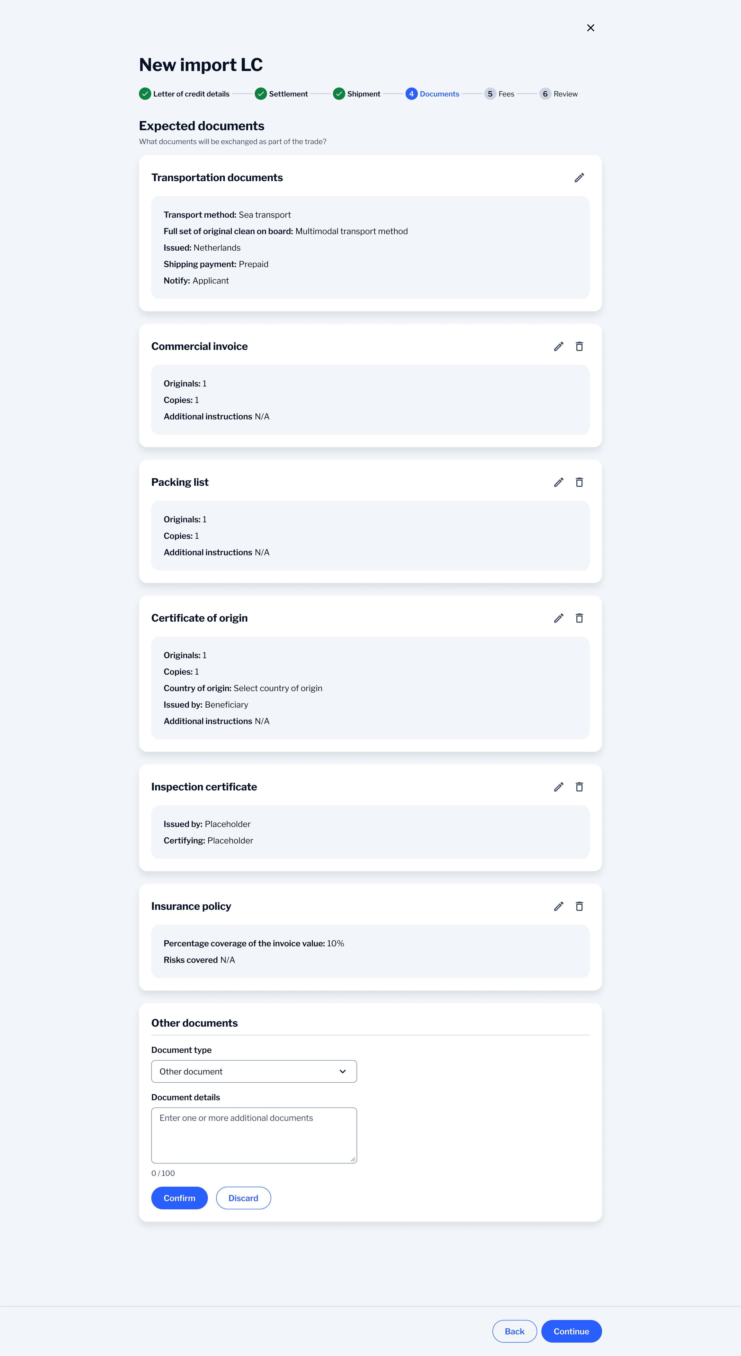 Document list with certificate of origin form expanded