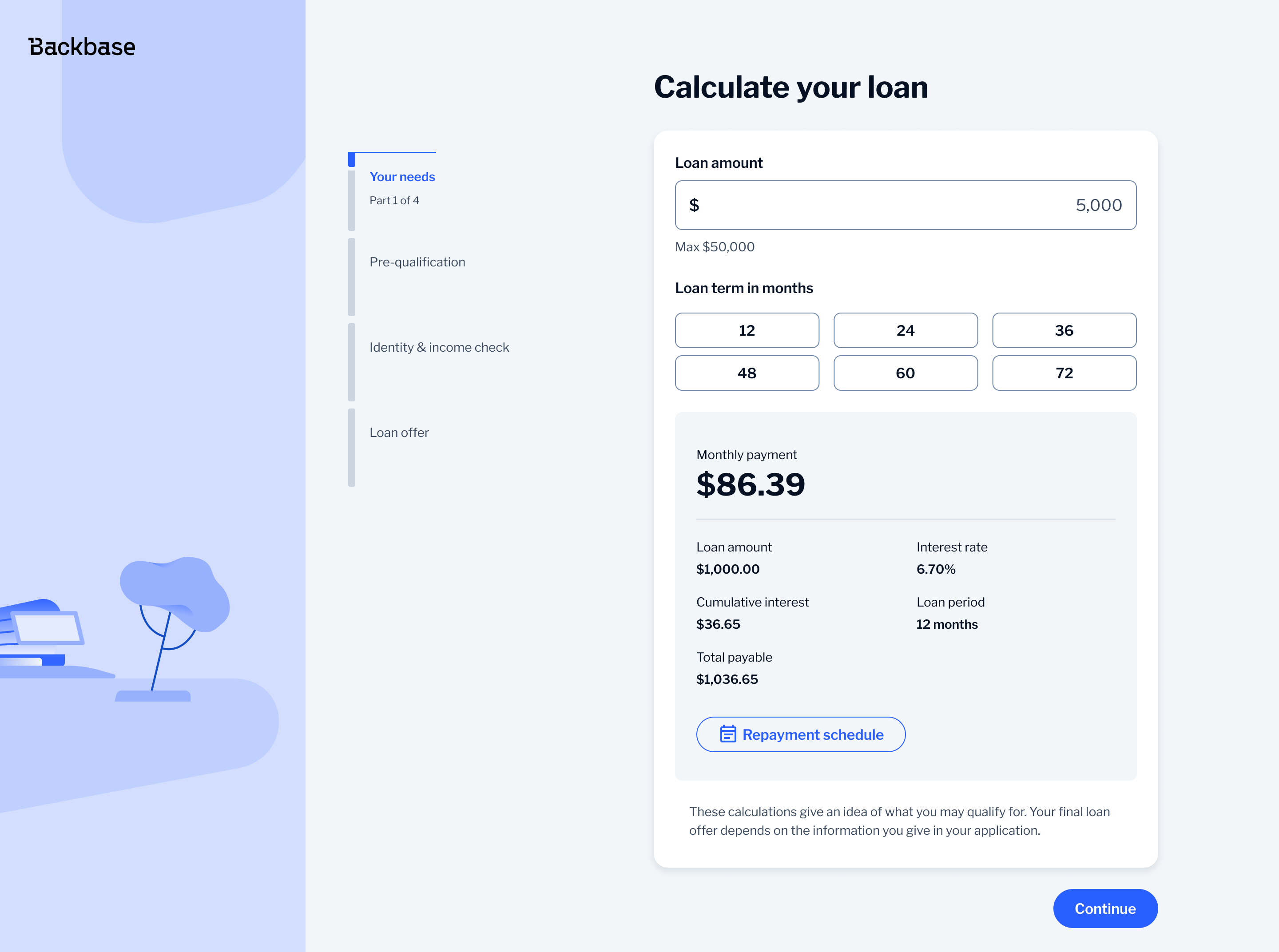 Loan calculator — after: button-based term selection