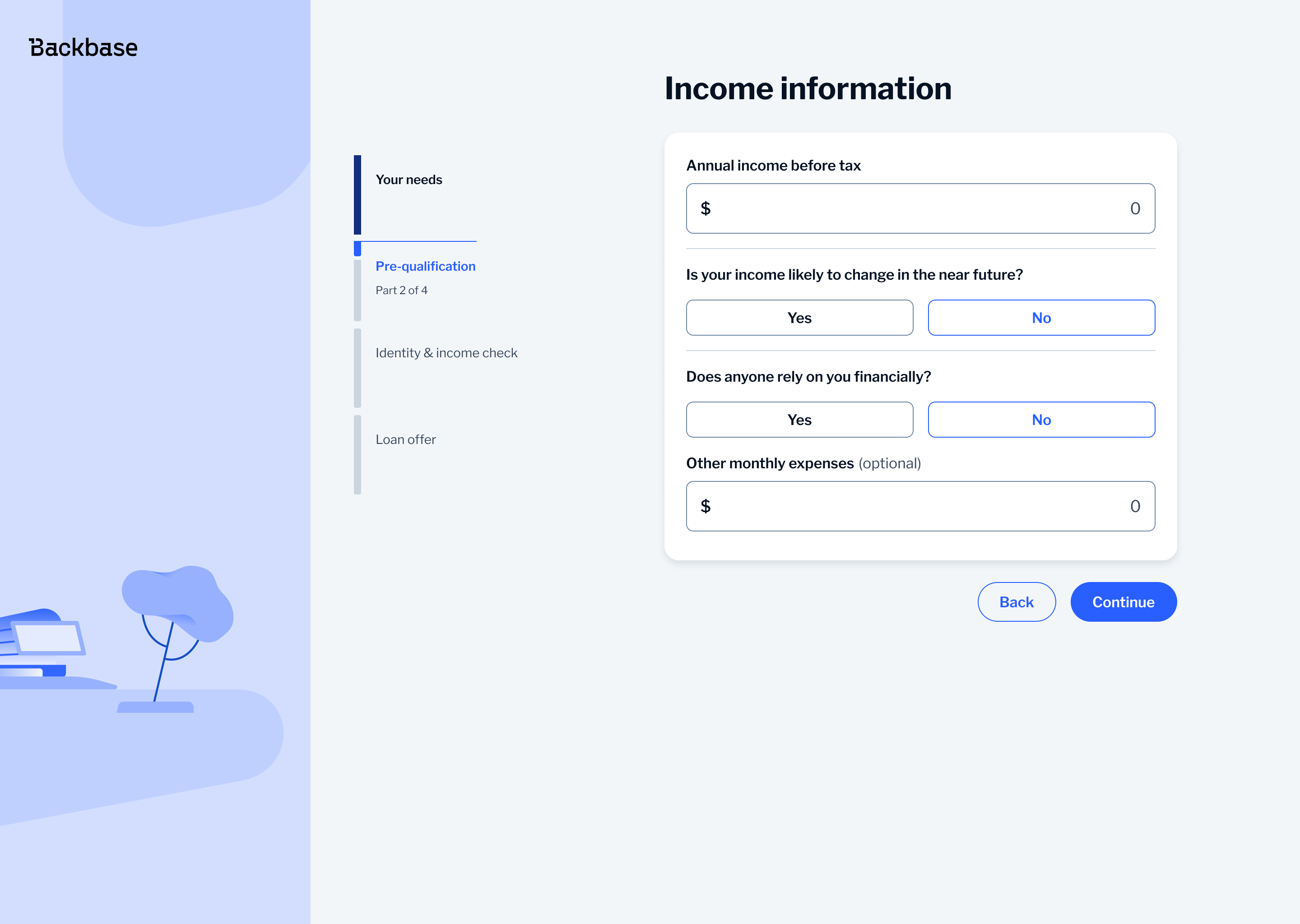 Income information — annual income, Yes/No button selects and optional expenses