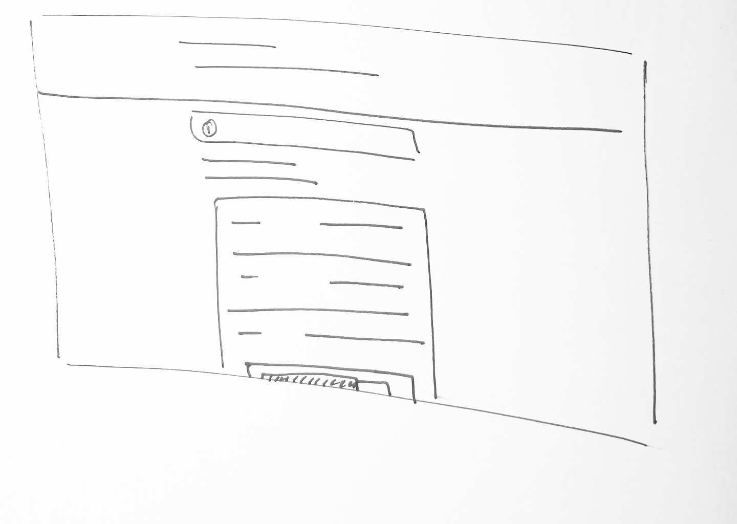 Hand-drawn desktop wireframe — info banner with icon, large content list, two actions including hatched primary