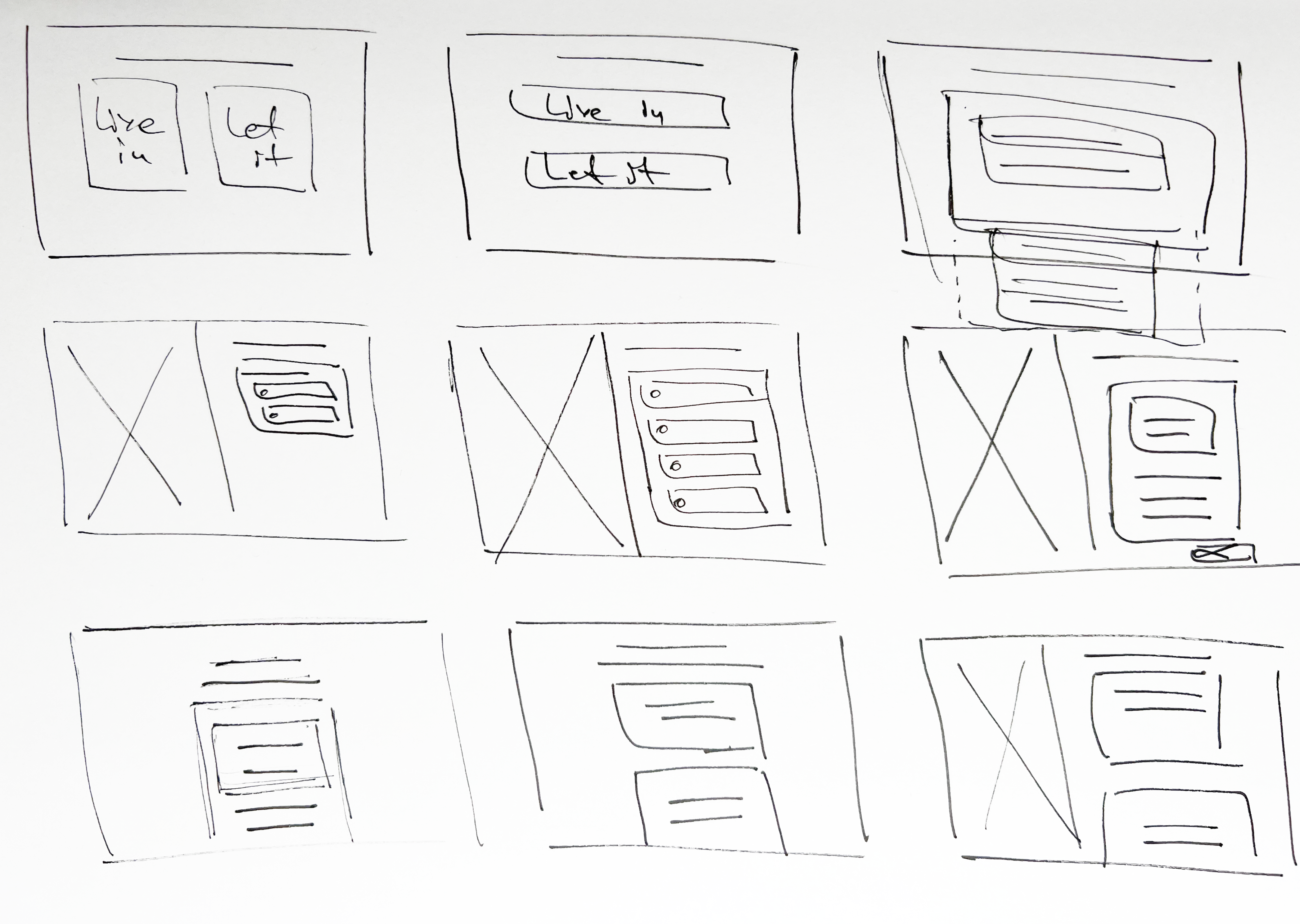 Hand-drawn 3x3 wireframe grid — Live in or Let it, split layouts and summary patterns