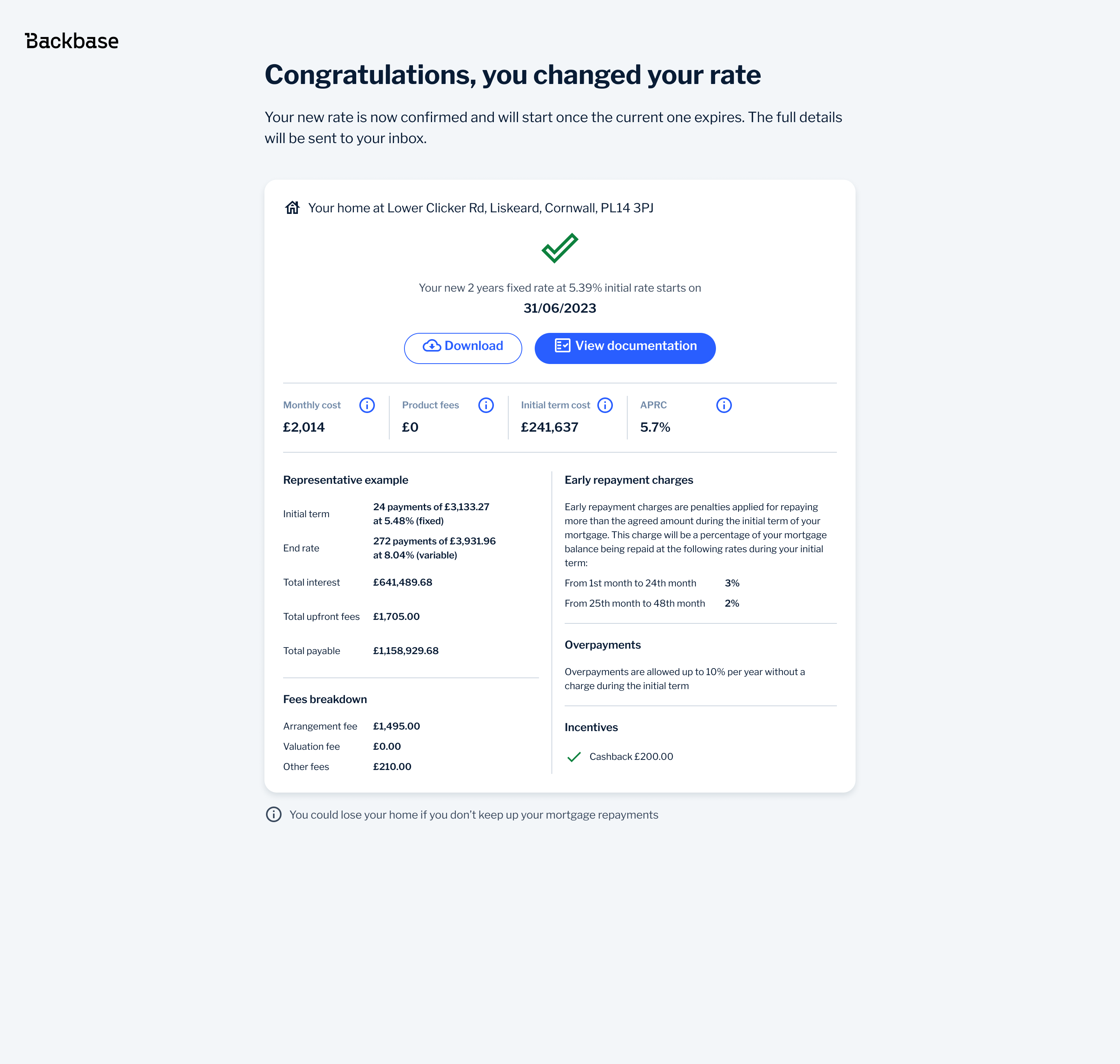 Confirmation screen after changing mortgage rate — summary, documents and key figures