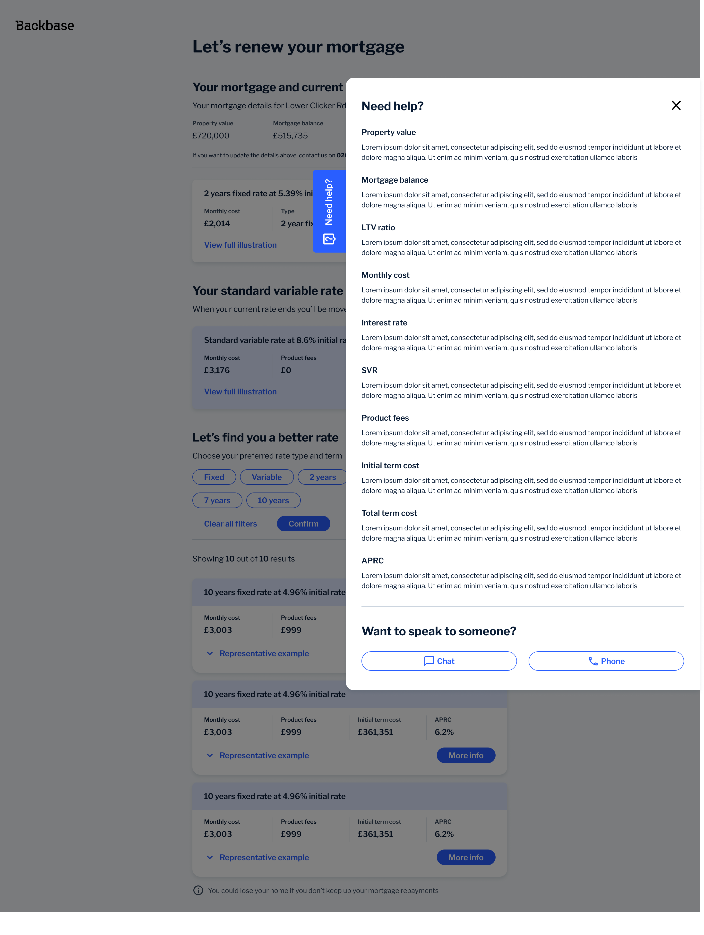 Need help side panel over mortgage renewal — glossary of terms and Chat or Phone contact options, main rate flow visible behind