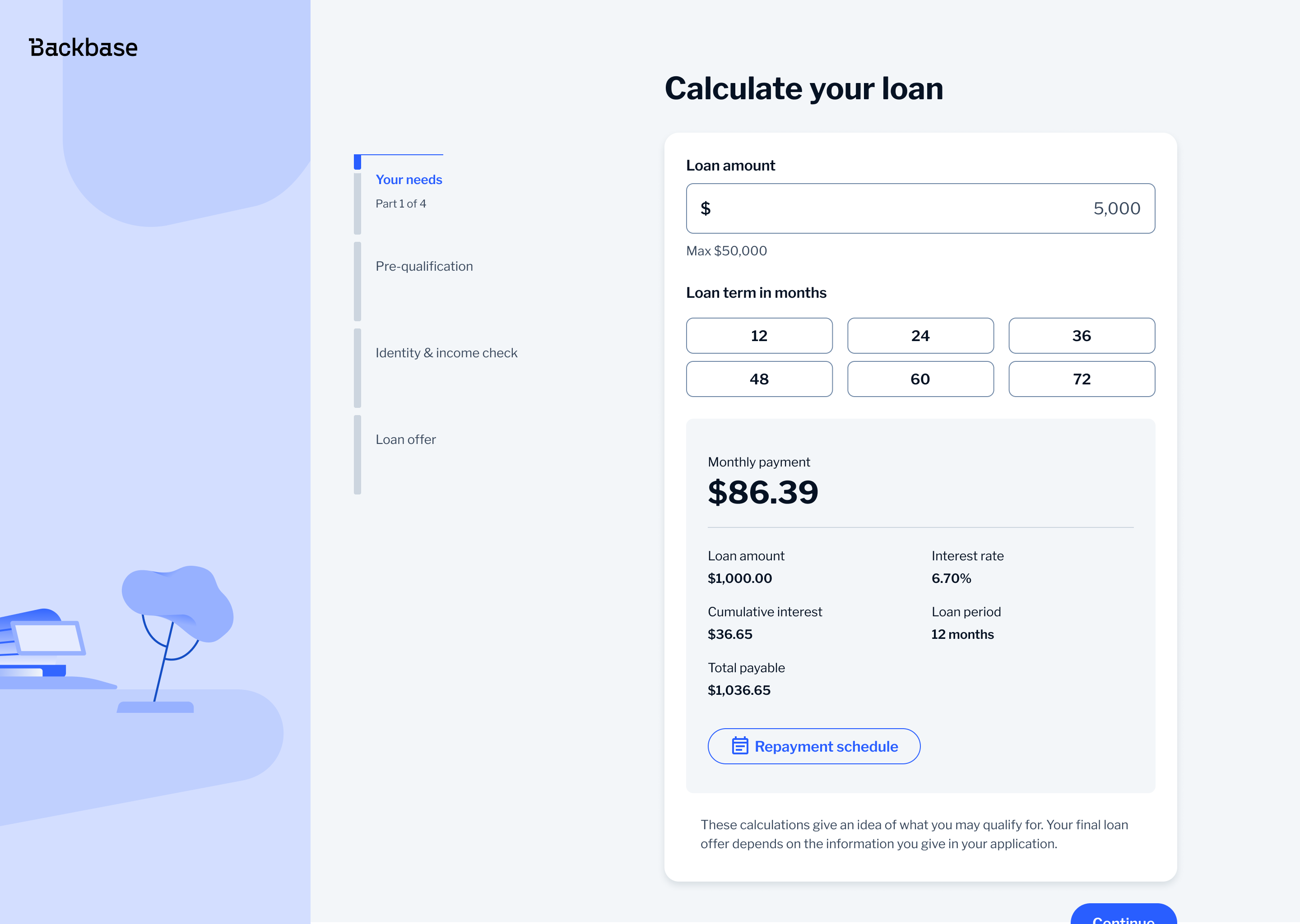 Calculate your loan — amount, term selection and monthly payment summary